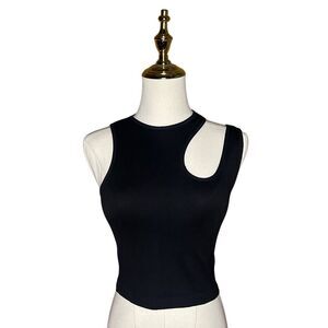 Suzette Black Sleeveless Tank Cropped Top Size O/S Cut Out Ribbed Knit